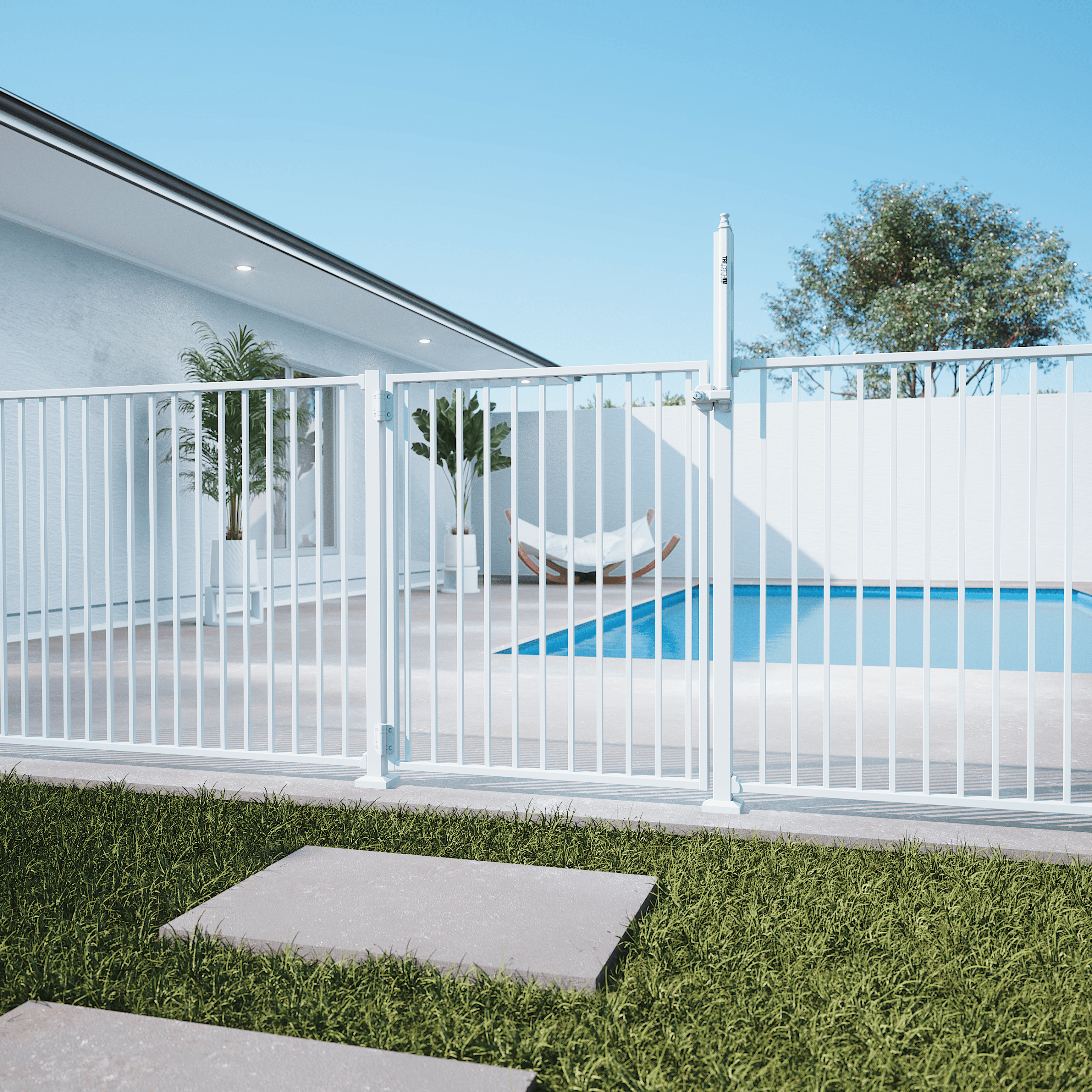 Protectoral Flat Top Pool Fence Lifestyle 2 Pearl White 1200x1200